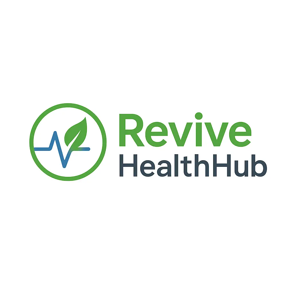 Logo for ReviveHealthHub featuring a green and blue heartbeat line integrated with a green leaf inside a green circle, placed to the left of the bold text 'Revive HealthHub'—'Revive' in green and 'HealthHub' in dark gray